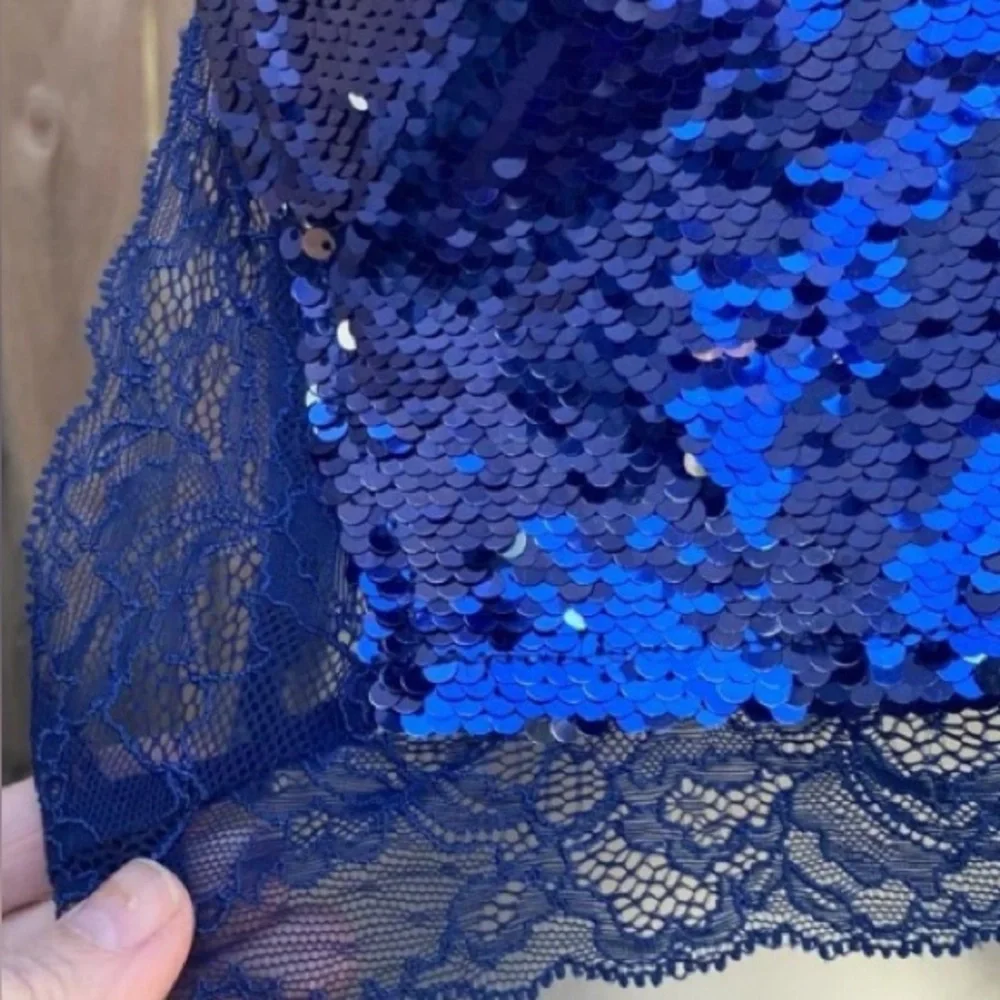 Free People Reversible Blue Silver Sequin Tank Top Small Lace Trim Party